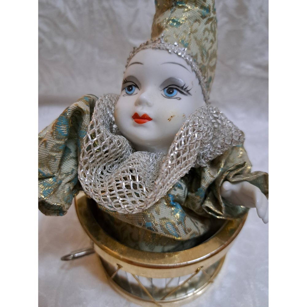 Harlequin Movable Jester Clown in a Drum Musical Box, VINTAGE
